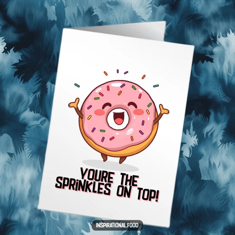 Funny Free Printable Congratulations Card: An enthusiastic donut wiggling with sprinkles shaking off, celebrating success with joy.