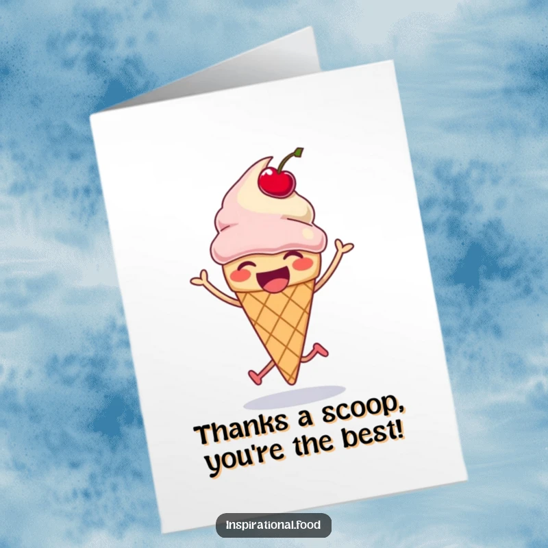 Funny Free Printable Thank You Card: A delighted ice cream cone hops with a cherry, saying thanks.