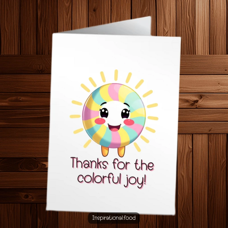 Funny Free Printable Thank You Card: A smiling candy character radiating colorful energy, expressing enthusiastic gratitude.