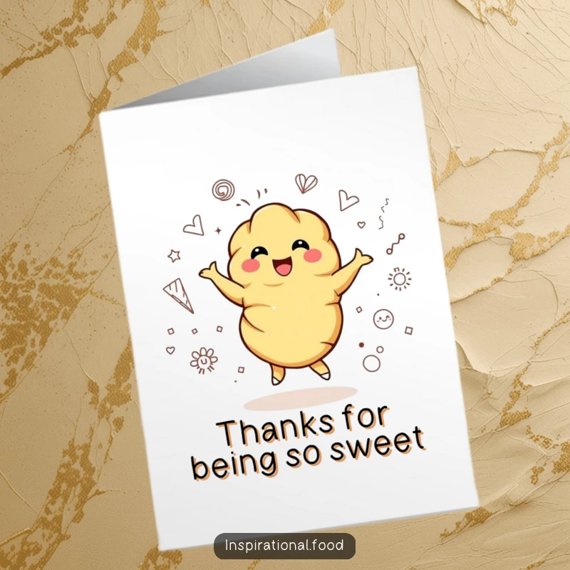 Funny Free Printable Thank You Card: Bubbly croissant character joyfully twirling amidst colorful artistic doodles.