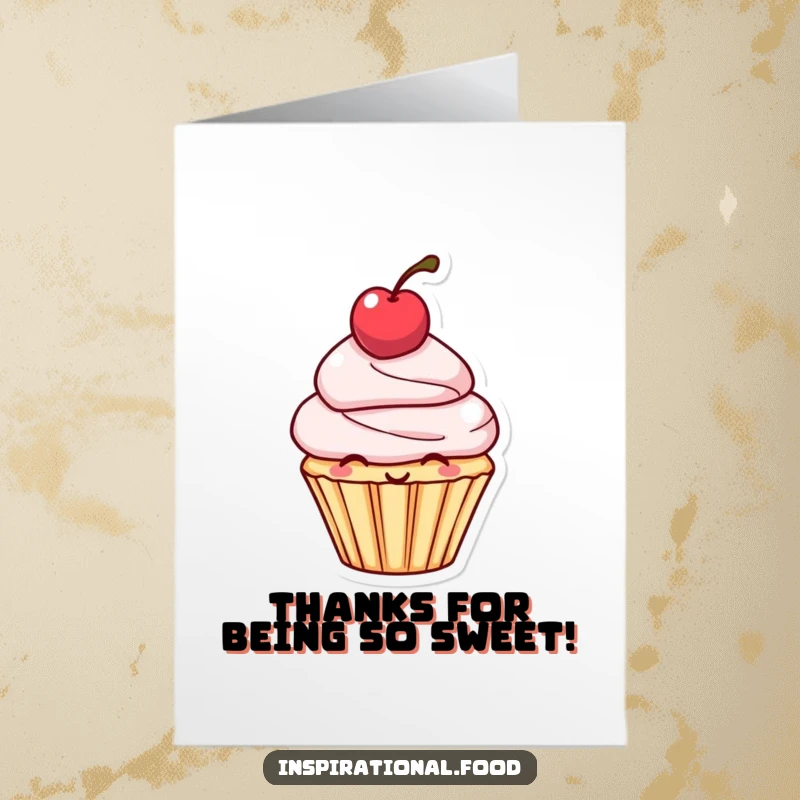Funny Free Printable Thank You Card: Smiling cupcake character with a cherry balanced on its head, a cute and downloadable thank you.
