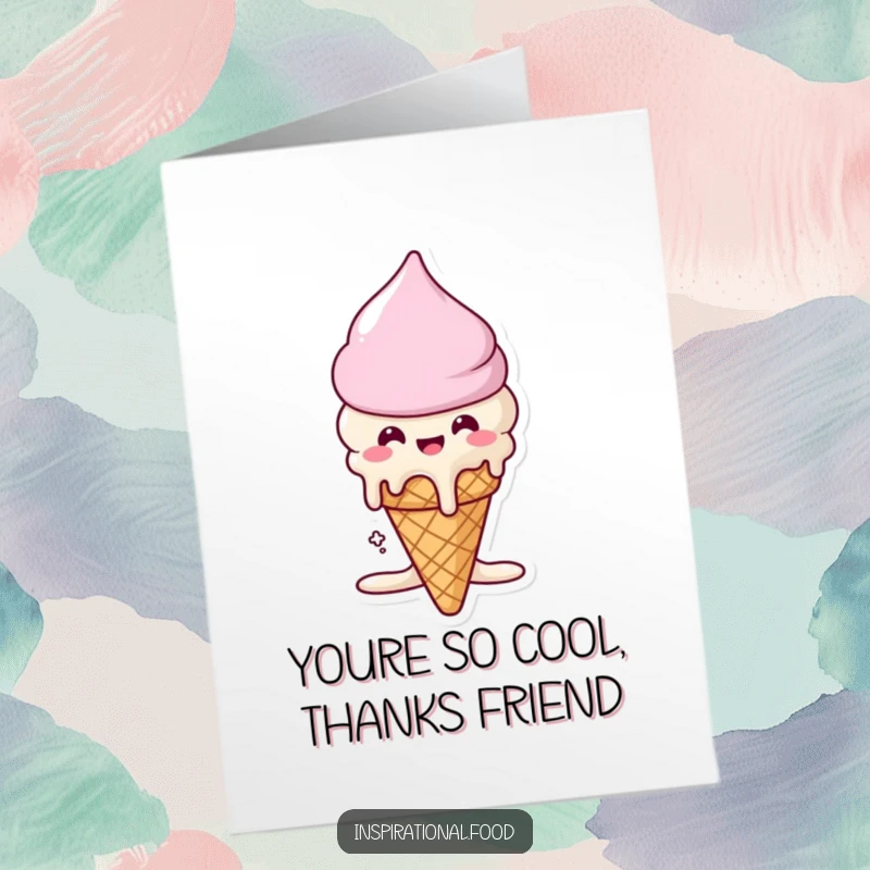 Funny Free Printable Thank You Card: A beaming ice cream cone character melting happily, expressing sweet gratitude.