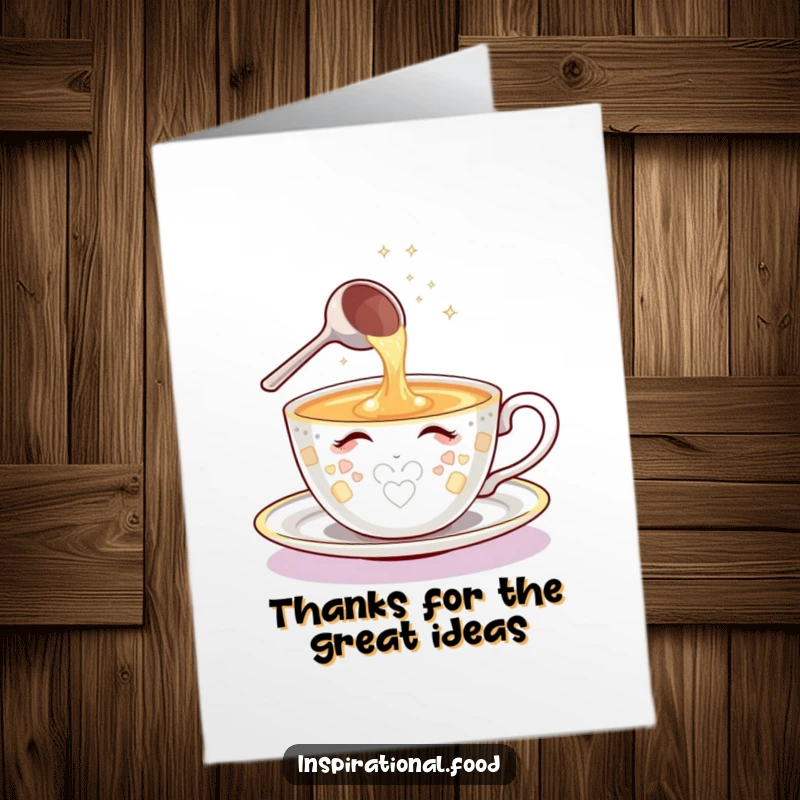 Funny Free Printable Thank You Card: Shining teacup character pouring a cascade of sparkling ideas with a ladle.