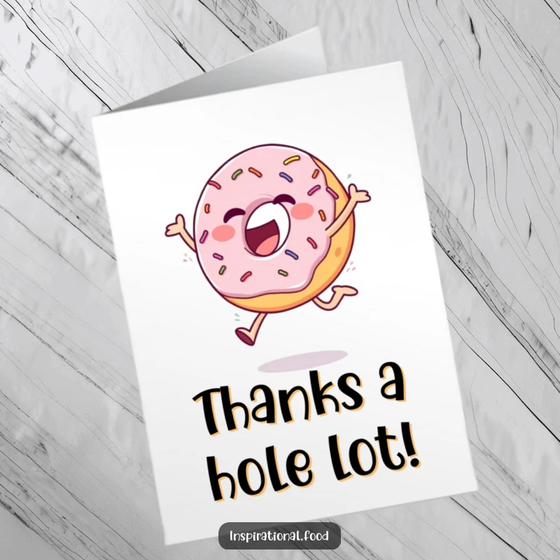 Funny Free Printable Thank You Card: An ecstatic donut with sprinkles performing a joyful leap, conveying thanks with sweetness.