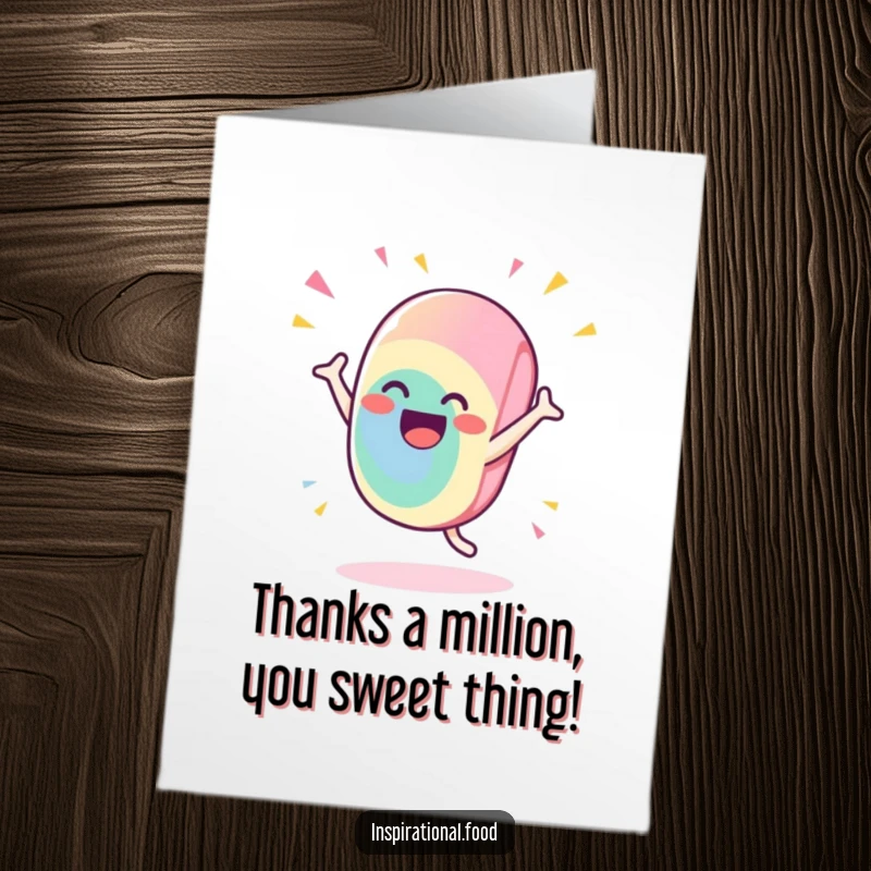 Funny free printable candy thank you card showing a gleeful candy character performing a flamboyant, celebratory flourish to express gratitude.