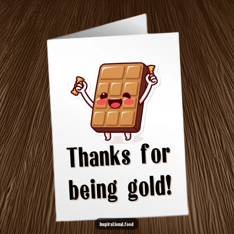 Funny free printable chocolate bar thank you card with a beaming character holding a golden wrapper aloft, expressing sincere thanks.
