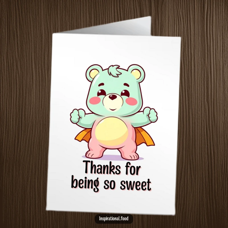 Funny Free Printable Thank You Card: A delighted gummy bear strikes a heroic pose, expressing thanks.
