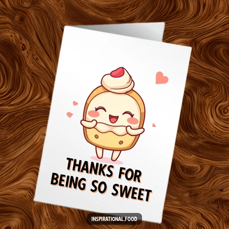 Funny Free Printable Thank You Card: A blushing pastry character joyfully presenting delightful food-themed images.