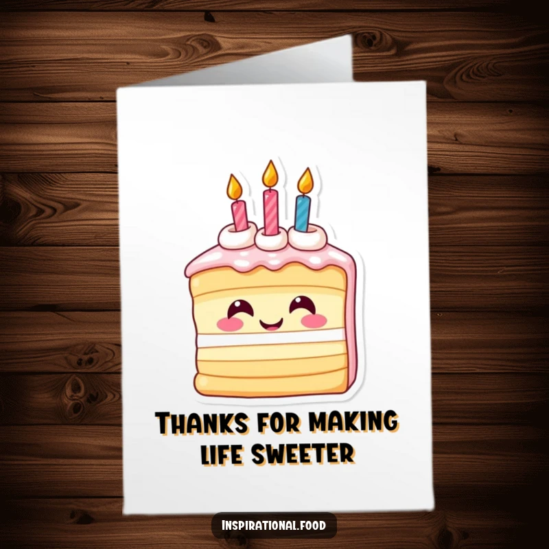 Funny Free Printable Thank You Card: A smiling birthday cake slice with candles looks inspired, offering thanks.