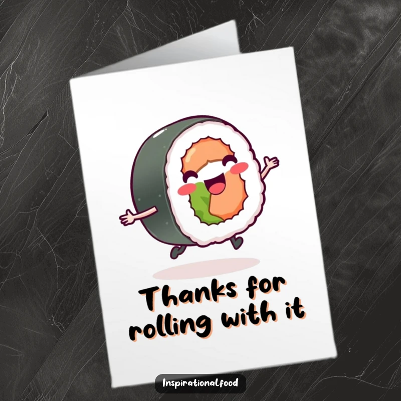 Funny Free Printable Thank You Card: A delighted sushi roll skipping with tiny legs, a fun way to express gratitude.