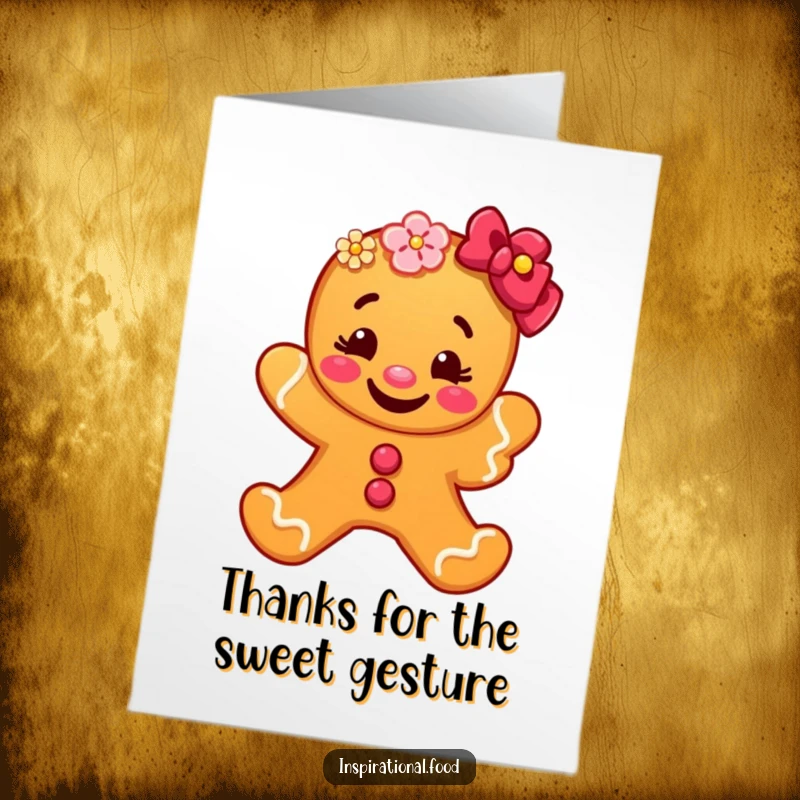 Funny Free Printable Thank You Card showing a gingerbread man happily offering a colorful flower as a token of thanks.