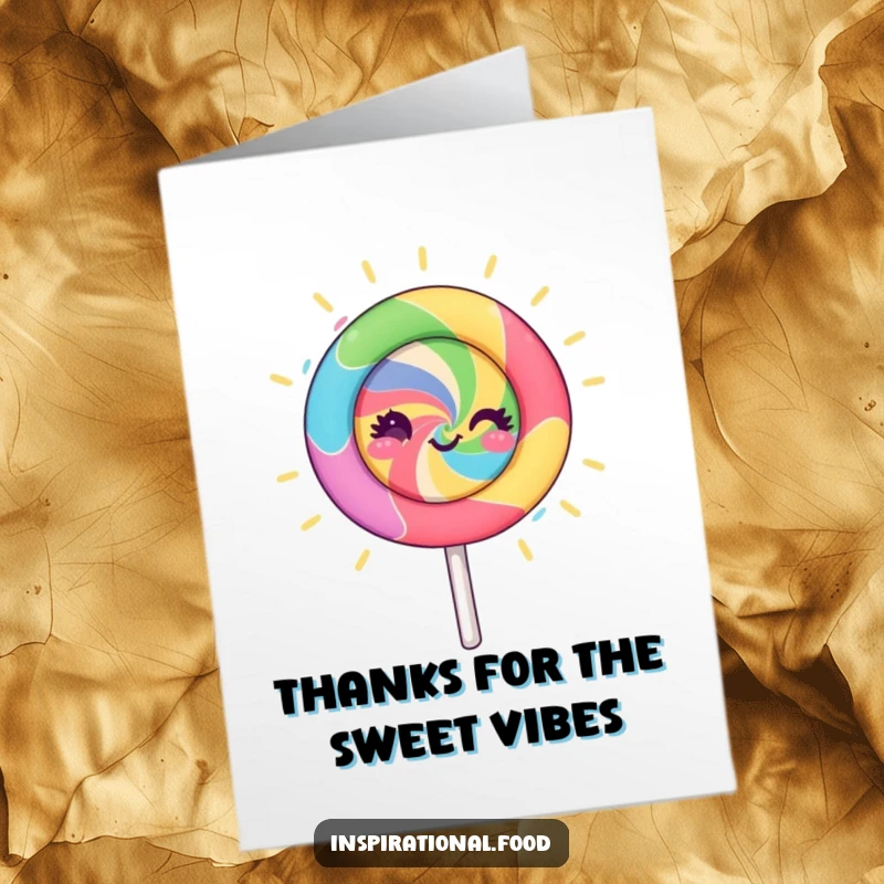 Funny Free Printable Thank You Card with a colorful spinning lollipop character radiating creative energy, a unique way to say thanks.