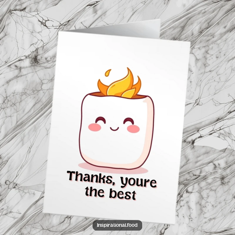 Funny Free Printable Thank You Card: A cheerful marshmallow with a rosy blush being toasted, showing warm and cozy appreciation.