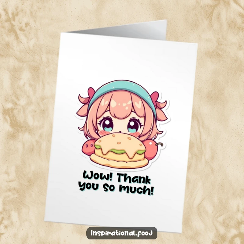 Funny Free Printable Thank You Card: A character with wide eyes looking astonished at a fantastical, delicious food creation.