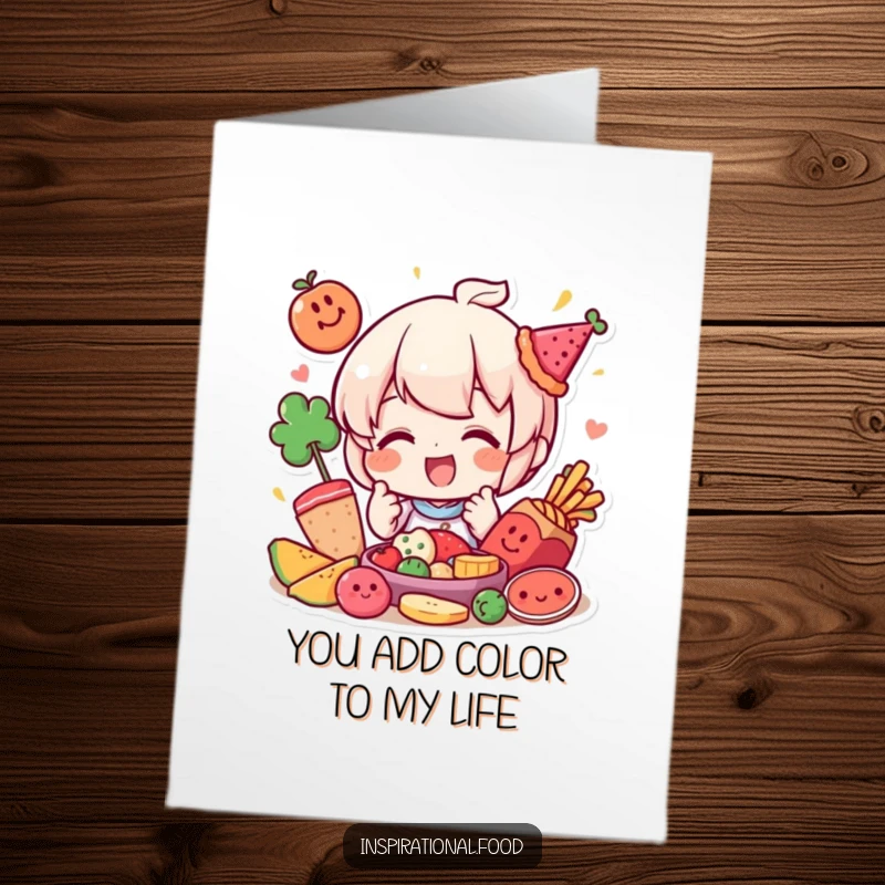 Funny Free Printable Thank You Card: A happy character playfully arranging colorful food elements to say thanks.