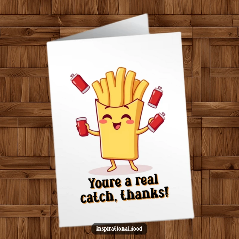 Funny Free Printable Thank You Card: A giggling french fry juggling small ketchup packets.