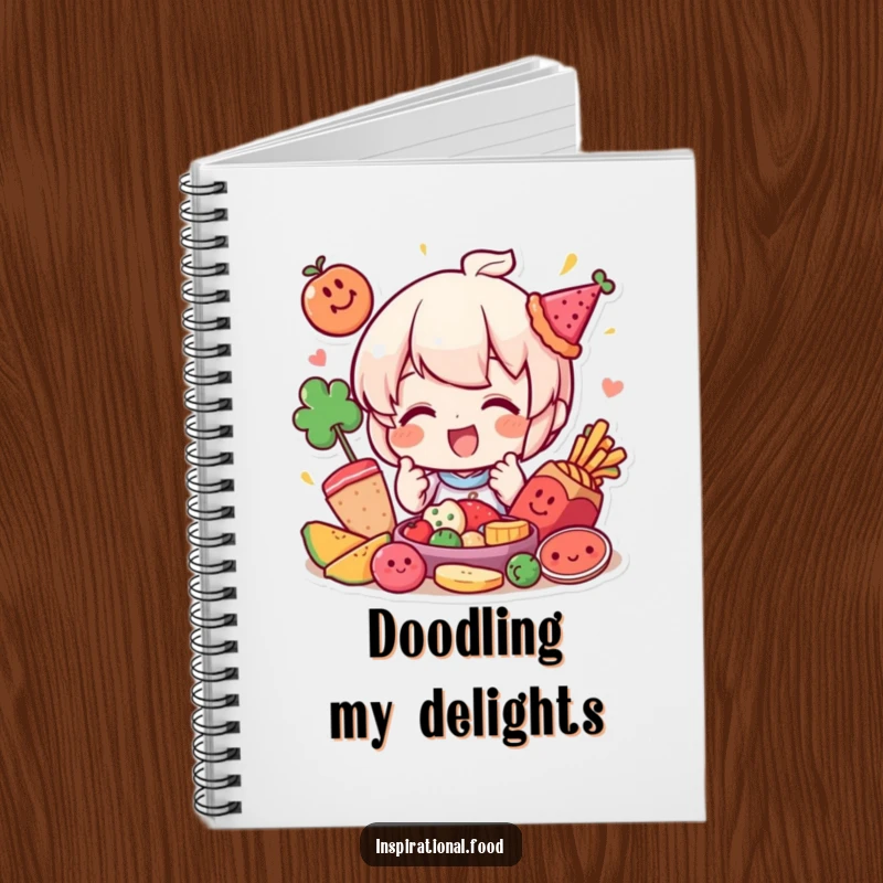 Funny notebook with a happy character playfully arranging colorful food elements, perfect for notes and creative brainstorming.