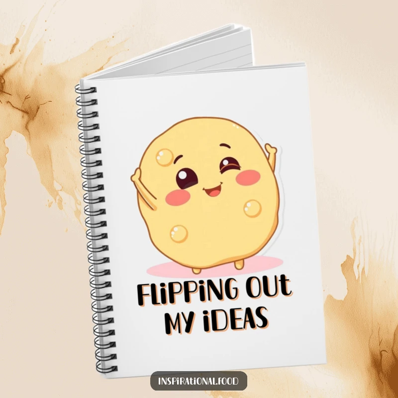 Funny notebook with a smiling pancake character mid-flip, perfect for jotting down notes and breakfast inspirations.