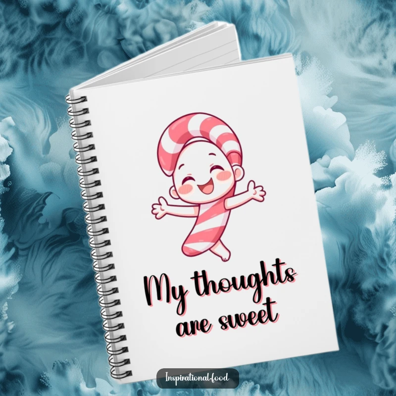Funny candy cane notebook with a smiling character joyfully twirling, ideal for jotting down holiday thoughts and festive plans.