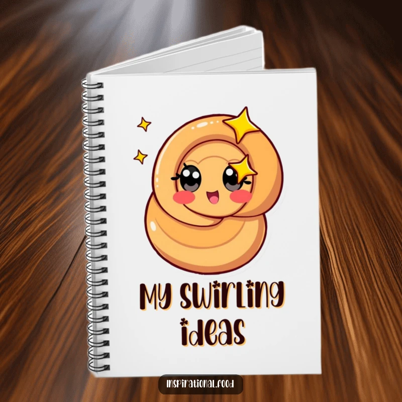 Funny caramel swirl notebook with a stylized character with starry eyes spinning, perfect for notes.