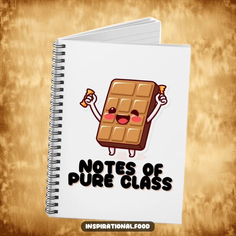 Funny chocolate bar notebook with a beaming character holding a golden wrapper aloft, ideal for capturing ideas with a touch of sweet success.