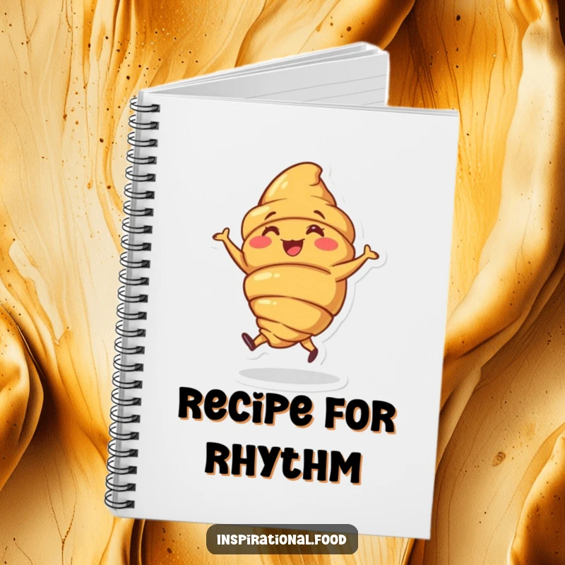 Funny notebook with a joyous croissant character doing a little jig, perfect for jotting notes with breakfast humor.