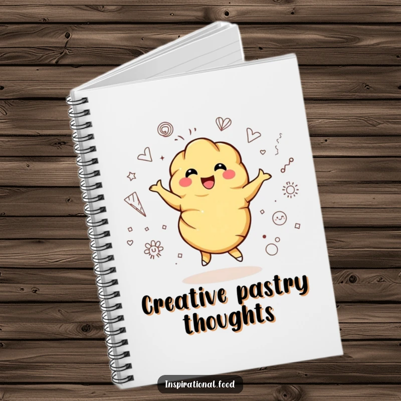 Funny notebook with a bubbly croissant character joyfully twirling surrounded by artistic doodles, perfect for creative notes.