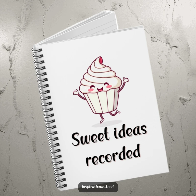 Funny notebook featuring a playful cupcake character doing a happy, sugary dance, perfect for capturing sweet thoughts.