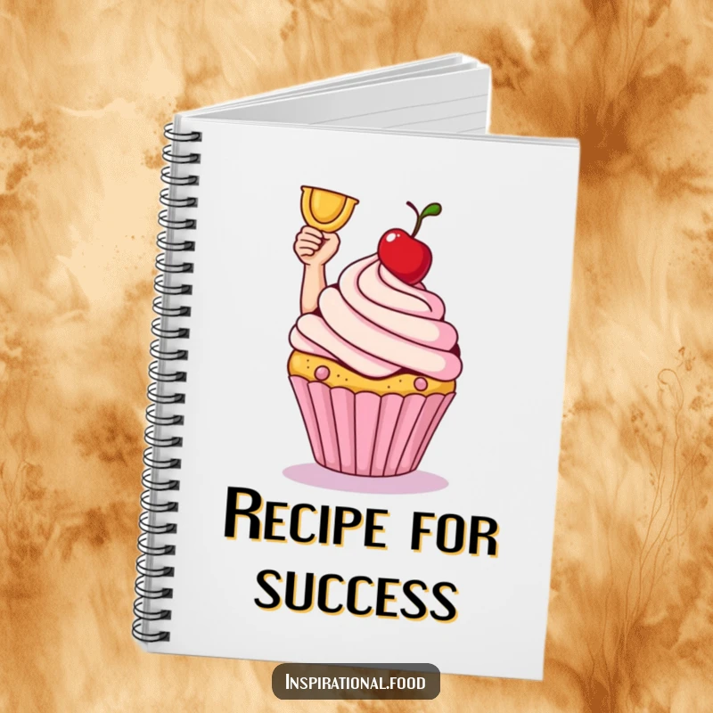 Smiling cupcake holding a cherry like a trophy on a notebook cover. Sweet journal.