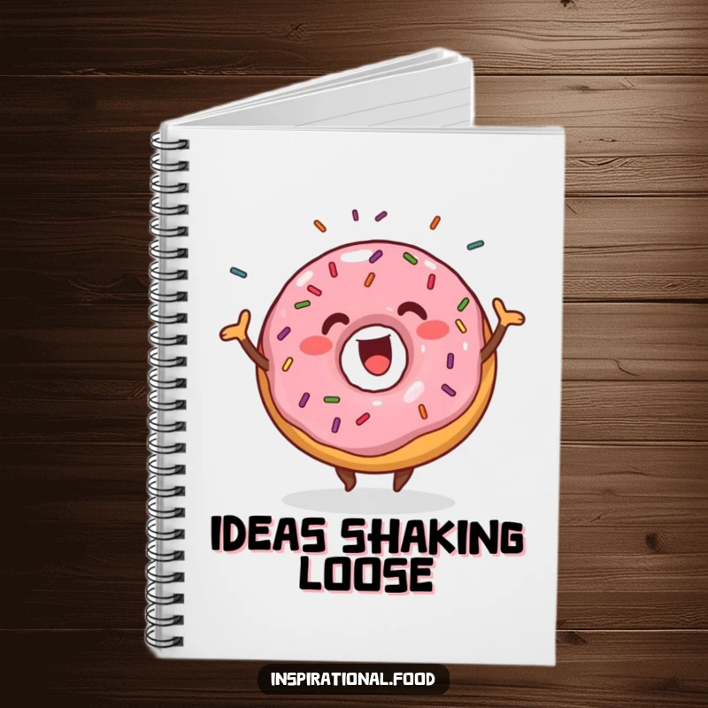 Funny happy donut wiggling with sprinkles on a notebook, a sweet and motivational stationery item.