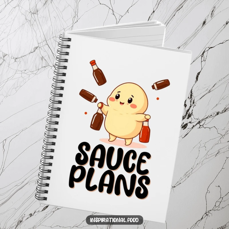 Funny dumpling character juggling miniature soy sauce bottles on a notebook cover, great for jotting down witty thoughts.