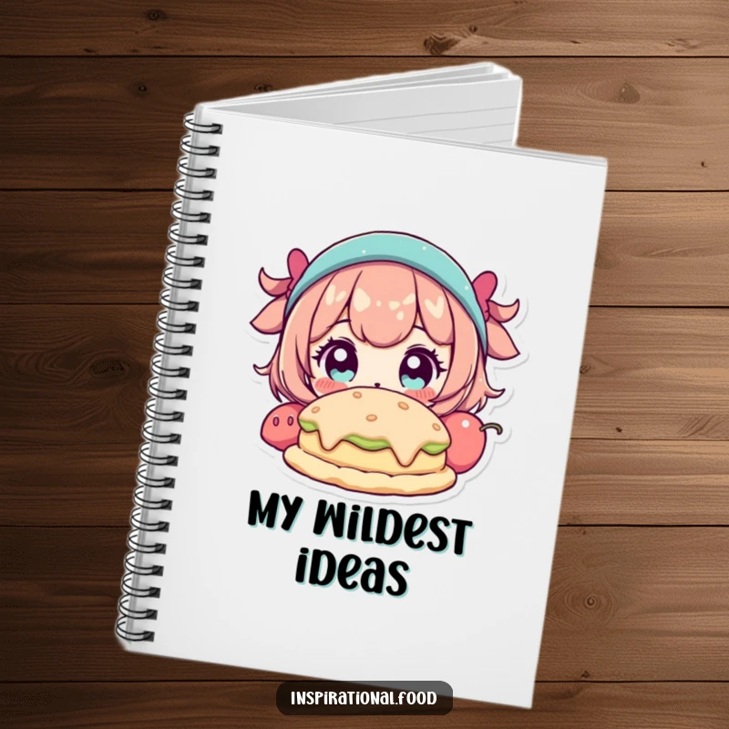 Funny notebook with a character with wide eyes looking at a fantastical food creation, perfect for notes and dreams.