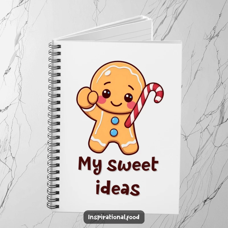 Funny gingerbread cookie character notebook, waving a candy cane, perfect for capturing sweet thoughts and holiday plans.