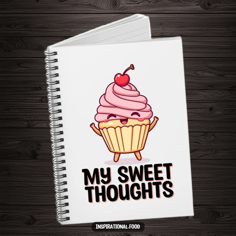 Funny happy cupcake notebook, a bouncing dessert with a cherry, for journaling sweet thoughts.