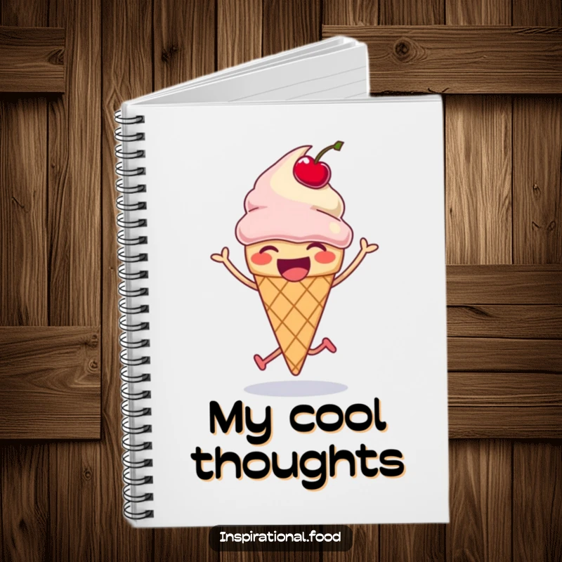 Funny ice cream cone notebook, laughing and doing a silly hop with a bouncing cherry, for writing and drawing, funny gift.