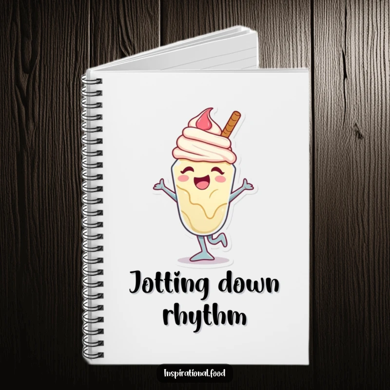 Funny ice cream sundae notebook with a joyful character caught mid-dance move, ideal for jotting down thoughts with a touch of sweetness.