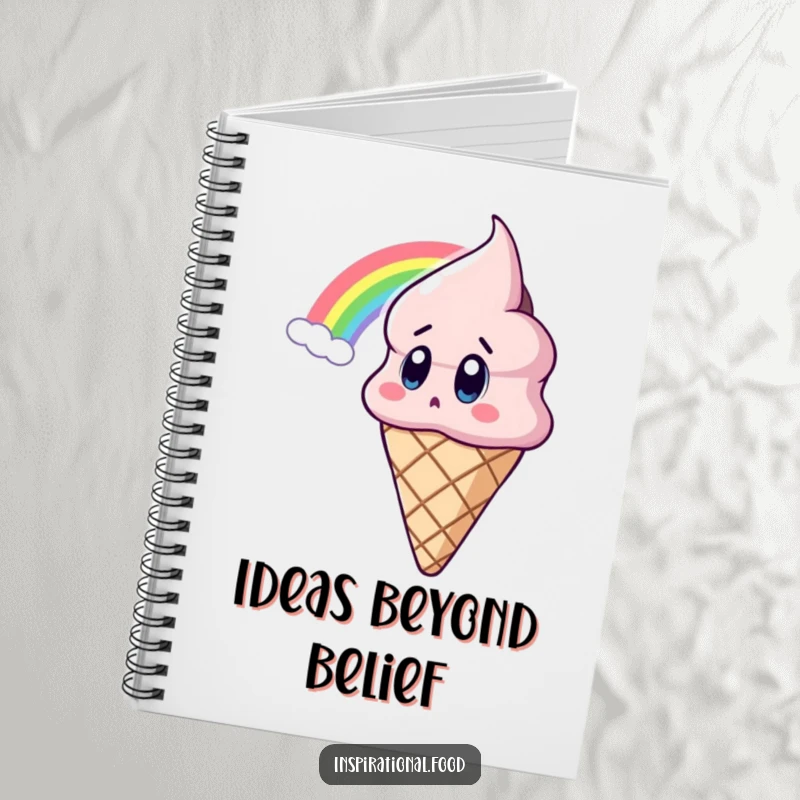 Funny Ice Cream Notebook with a wide-eyed ice cream cone character admiring a rainbow, perfect for jotting down thoughts and ideas.
