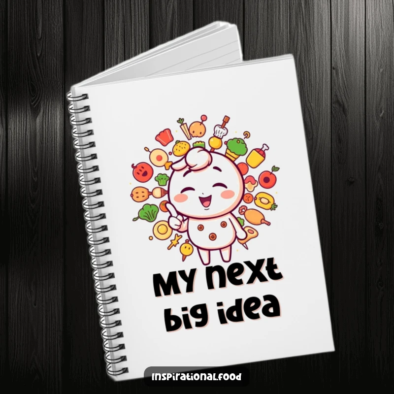 Funny notebook featuring a winking character pointing to a burst of diverse food icons, ideal for jotting ideas.