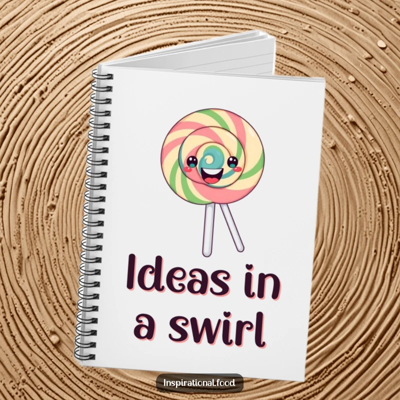 Funny lollipop notebook featuring a happy, merrily spinning swirl design, great for capturing ideas with a dose of candy-themed humor.
