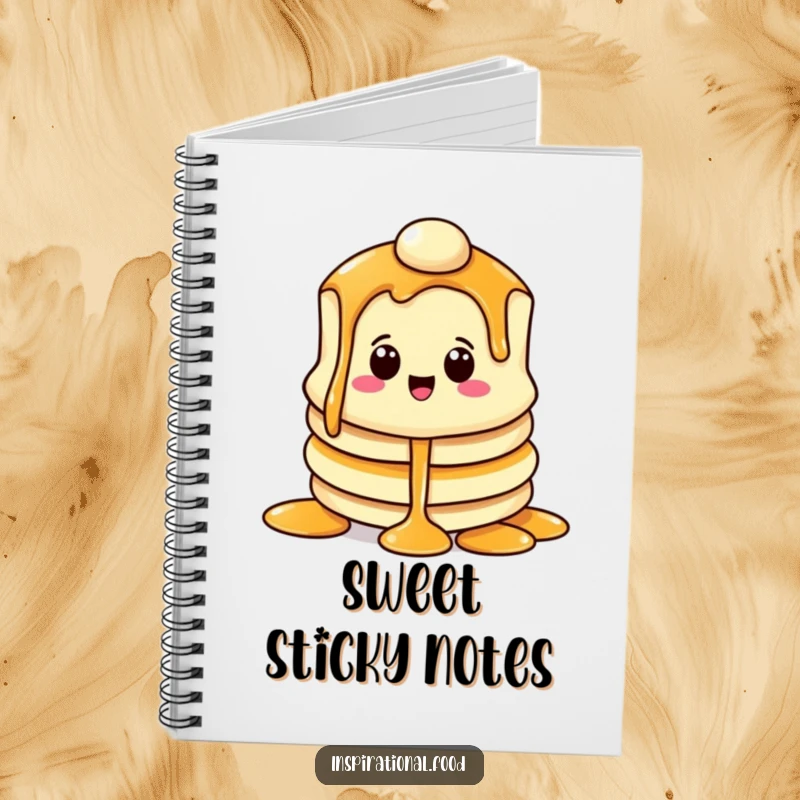 Funny notebook with a beaming pancake character and syrup cascade, perfect for jotting notes with breakfast humor.