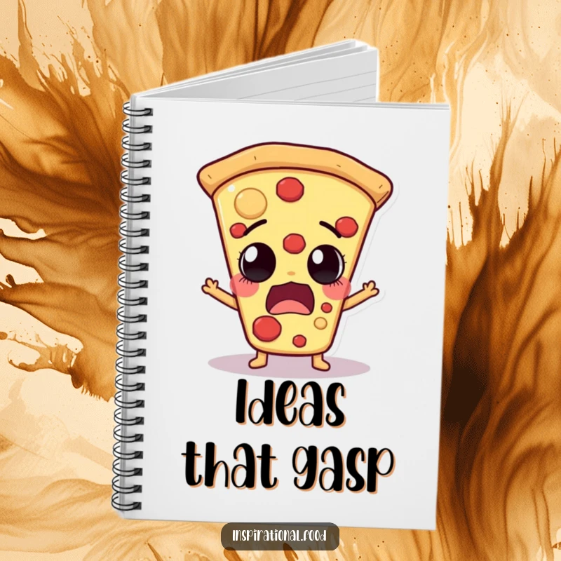 Funny pizza slice character with an astonished expression on a notebook cover, great for jotting down surprising thoughts.
