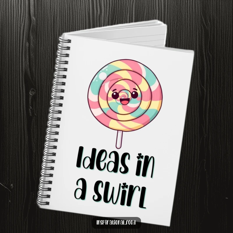 Funny Lollipop Notebook featuring a happy lollipop in a delightful swirl, perfect for jotting down sweet thoughts and funny ideas.