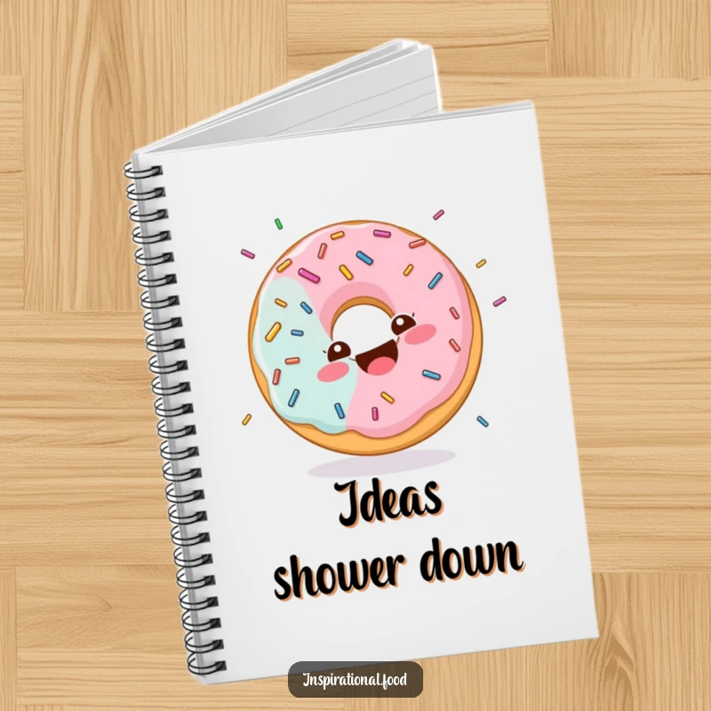 Funny notebook illustration of a donut character with a happy swirl, giggling joyfully while being showered in sprinkles.