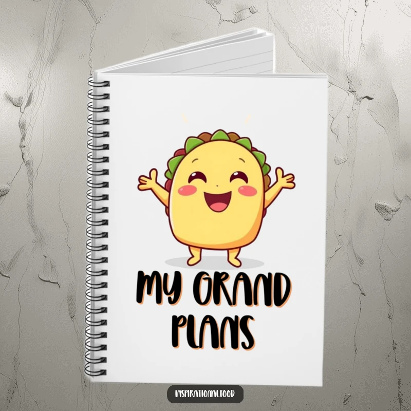 Funny celebratory taco with its shell open on a notebook, a festive and motivational stationery item.