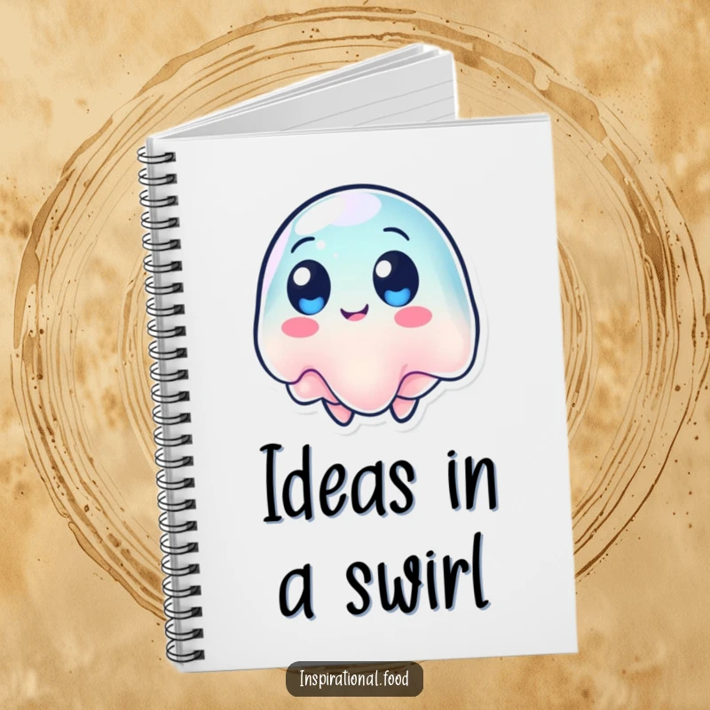 Funny notebook with a wobbling jelly character with round eyes, spinning around.
