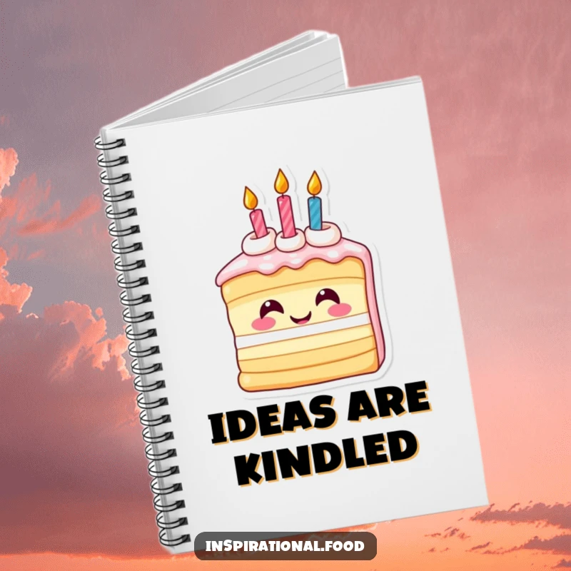 Funny notebook with an inspired smiling slice of birthday cake and candles, perfect for jotting notes with cheerful birthday vibes.