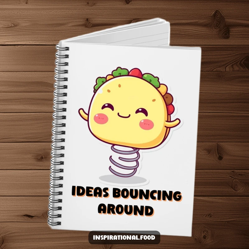 Funny notebook with a joyful taco character with a wide, happy mouth, bouncing on a spring.