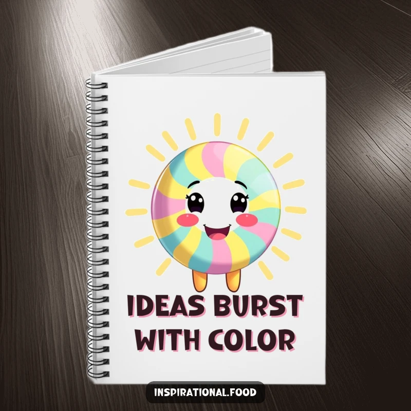 Funny notebook featuring a smiling candy character radiating vibrant, colorful energy, perfect for note-taking and doodling, a creative funny gift.
