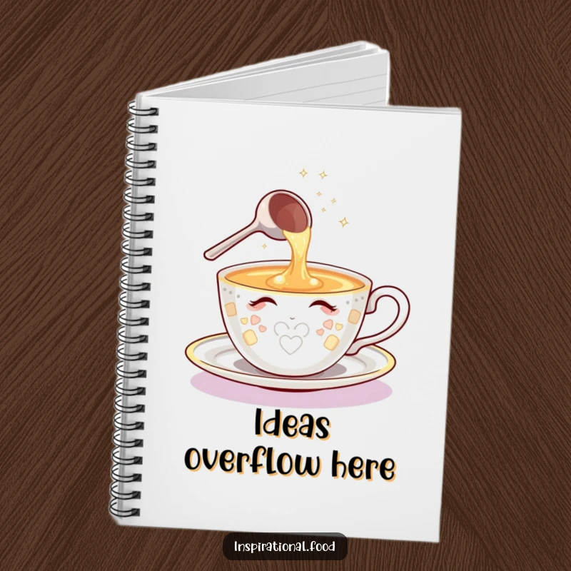 Funny notebook with a shining teacup character and sparkling ladle pouring ideas, perfect for capturing brilliant concepts.