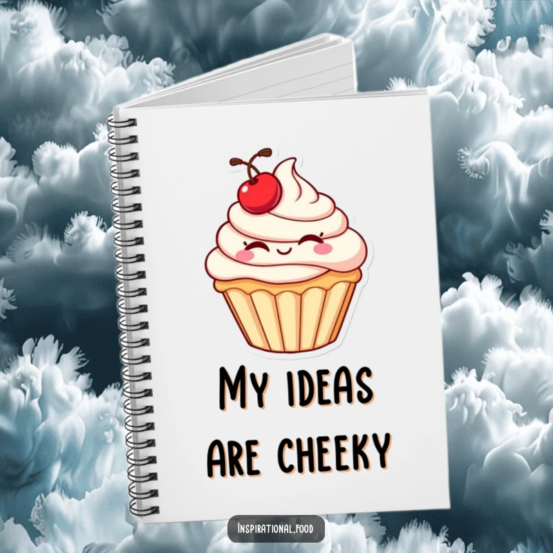 Funny cupcake notebook with a plump character and cherry winking, inspiring creativity with a touch of sweet, playful humor.